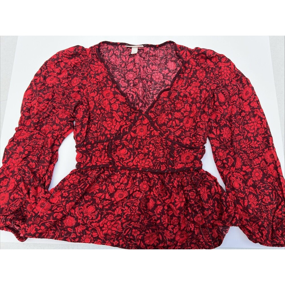Knox Rose Romantic Goth Dark Academia Floral Blouse Red Black Bell Sleeve Top S